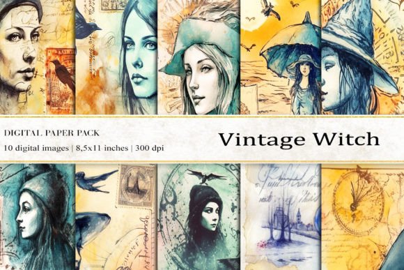 Vintage Witch Digital Papers for Creative Design