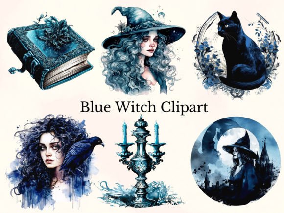 Watercolor Blue Witch Clipart for Creative Projects
